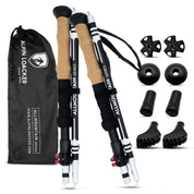 Faltbare Wanderstöcke aus Aluminium mit ergonomischen Korkgriffen, kompakt gefaltet in einer schwarzen Tragetasche, ideal für Wandern und Skitouren. Enthält umfangreiches Zubehör.