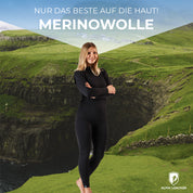 Frau in Landschaft trägt Lange Merino Unterhose Damen 150 g/m2, ideal für Outdoor-Abenteuer, bietet Komfort durch CORESPUN-Technologie und Merinowolle.