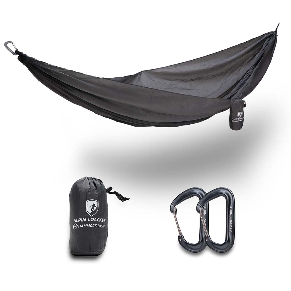 Alpin Loacker Black gray lightweight hammock for outdoor hiking and camping, hammock with carabiners and pack sack
