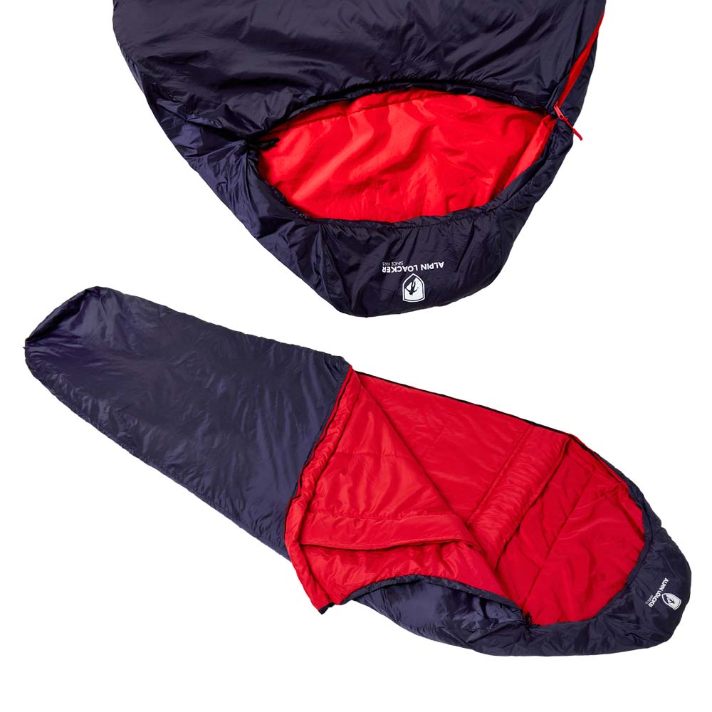SYN PRO - Synthetik Sommer Schlafsack ultraleicht mit rotem Innenfutter, nachhaltige Materialien, ideal für Outdoor-Aktivitäten.