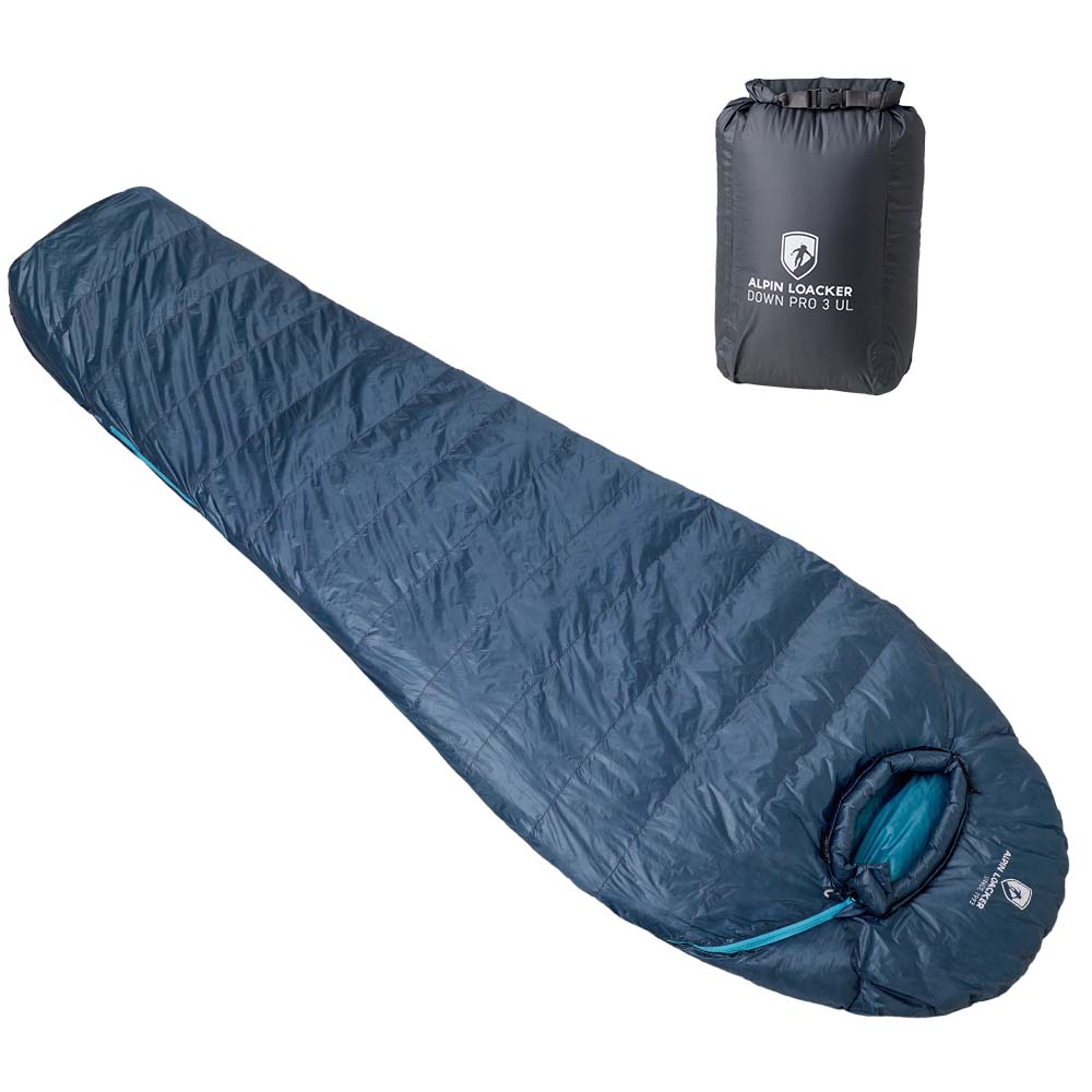 Alpin Loacker doré en bleu clair en bleu foncé avec Packsack, sac de couchage durable petit décalage, 3 saisons de sommeil dans le bleu foncé