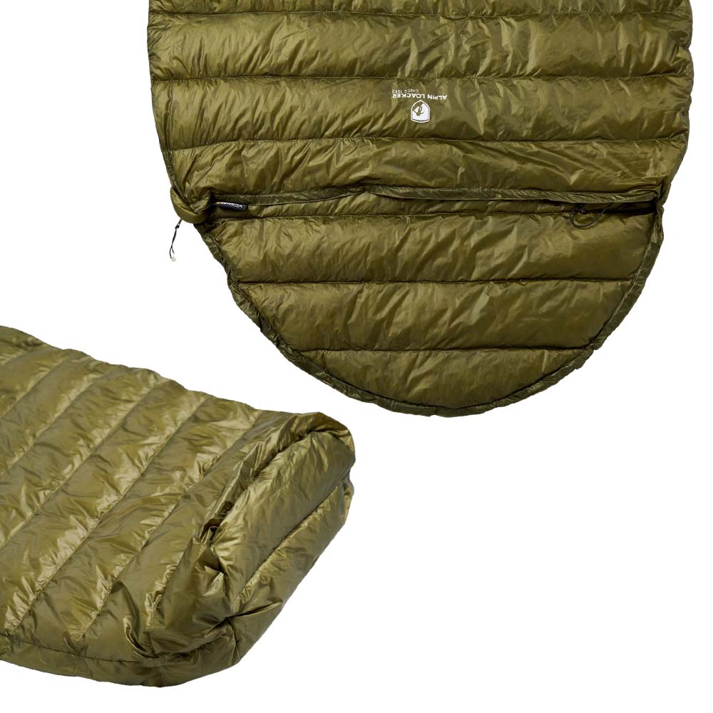 Sac de couchage d'été ultraléger de Alpin Loacker en vert olive et sac de couchage en duvet 100 % recyclé et durable